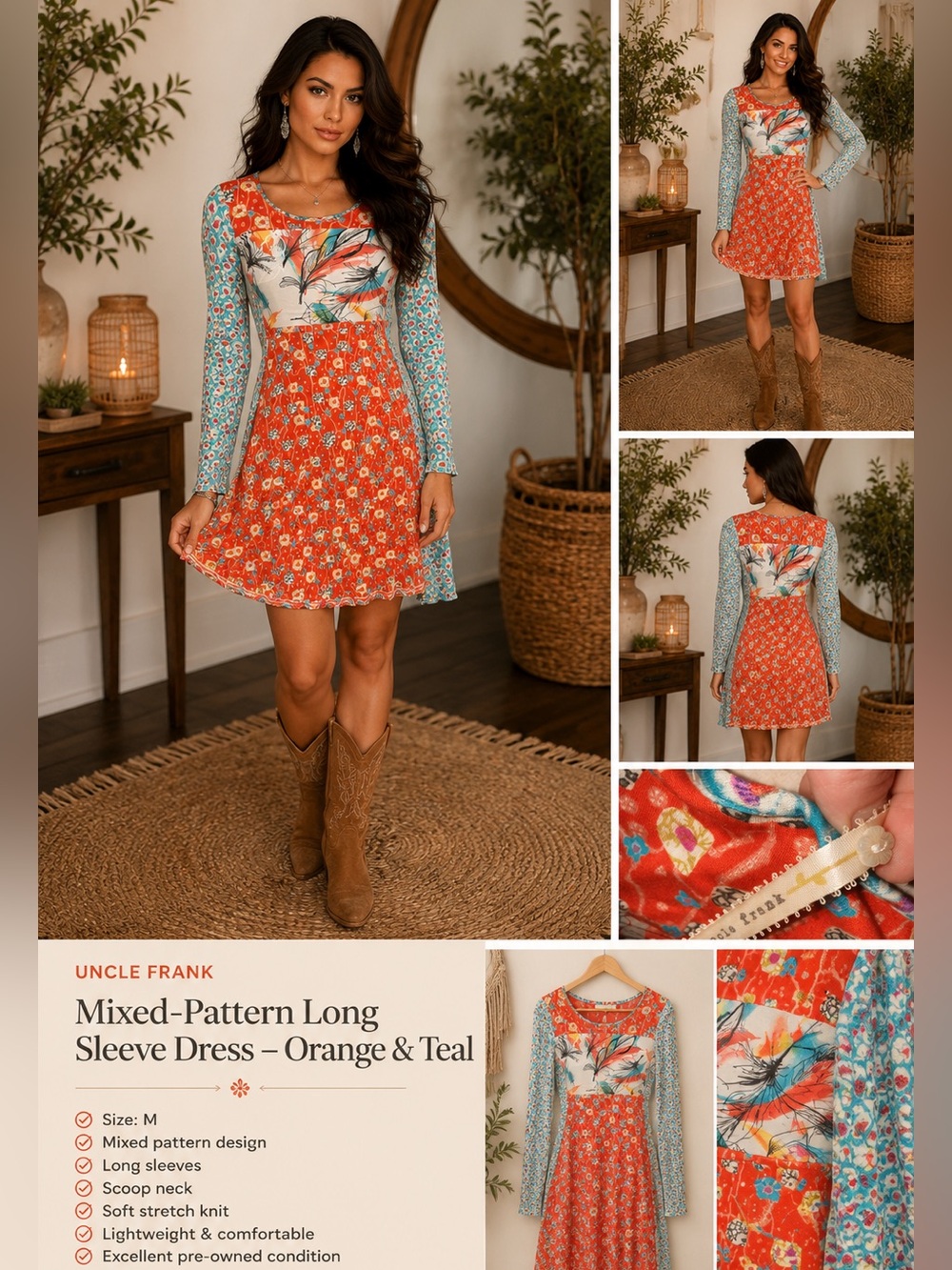 Uncle Frank Mixed-Pattern Long Sleeve Dress - Orange & Teal